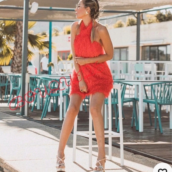 Women designer ZARA new $95 orange fringe bohemian halter mini dress size large - Picture 10 of 16